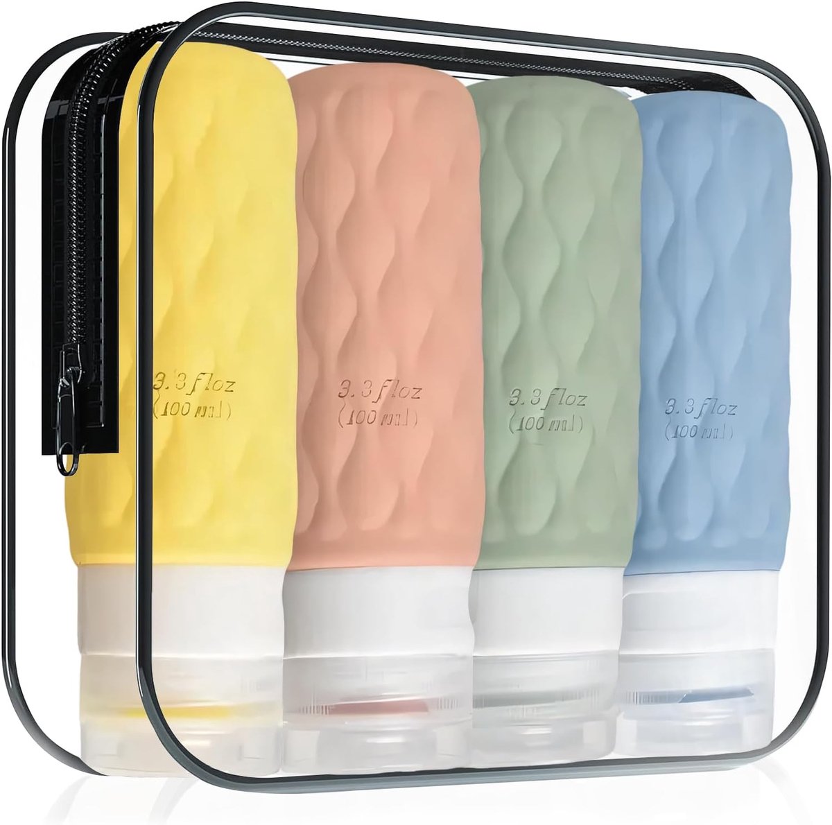 SnelShoppen - Pack van 4 Refillable Silicone Travel Bottles 100ml Set, Lekvrije Reiscontainers met Transparante Toilettas voor Shampoo, Cosmetica en T