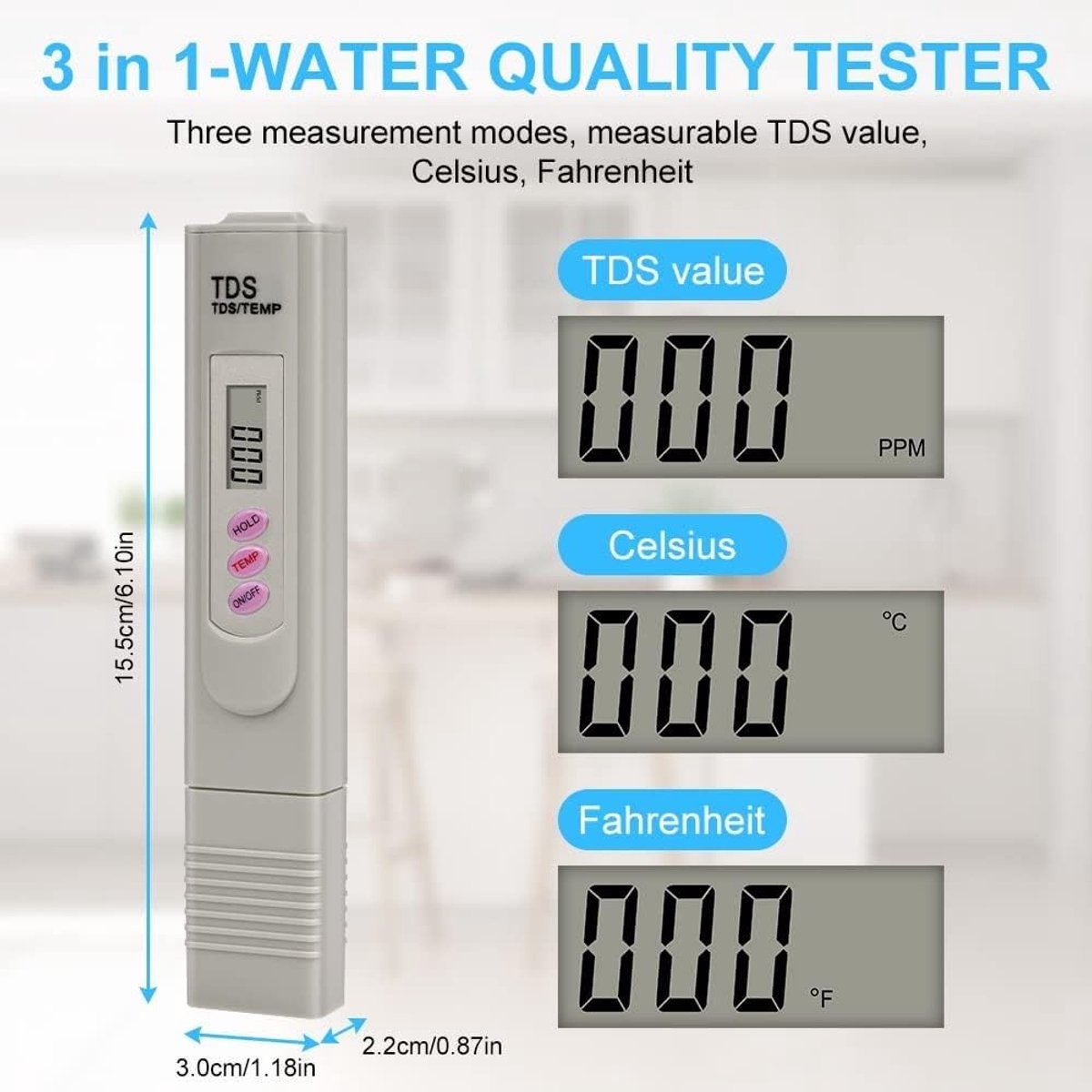 SnelShoppen - Waterkwaliteit Test TDS Meter - 2-in-1 TDS/Temp Tester voor Drinkwater, Zwembad, Hydroponics, Aquarium - Hoge Nauwkeurigheid - Compact e
