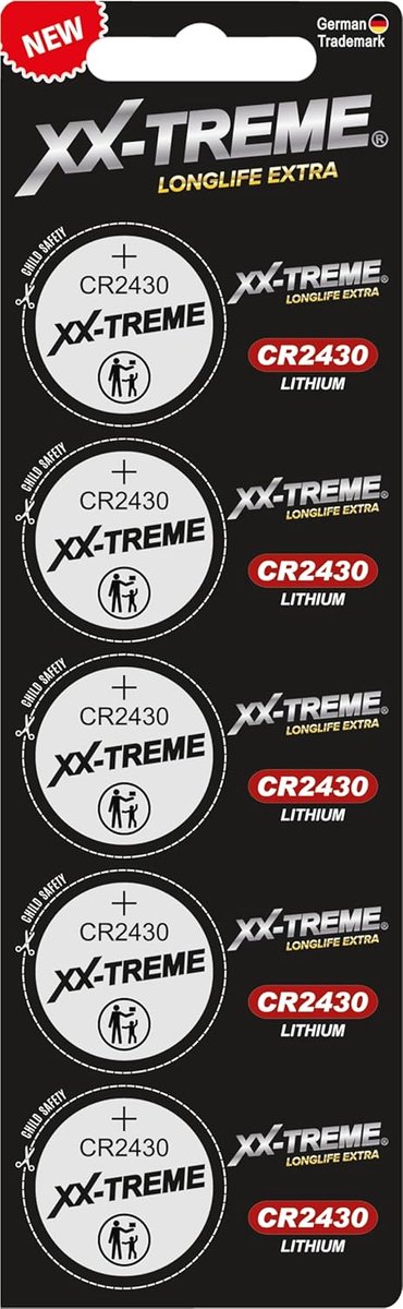 Pack of 5 XX-Treme CR 2430 button cell batteries, lithium, 3 V, child-safe packaging, for smart home devices, car keys - ShopVlot