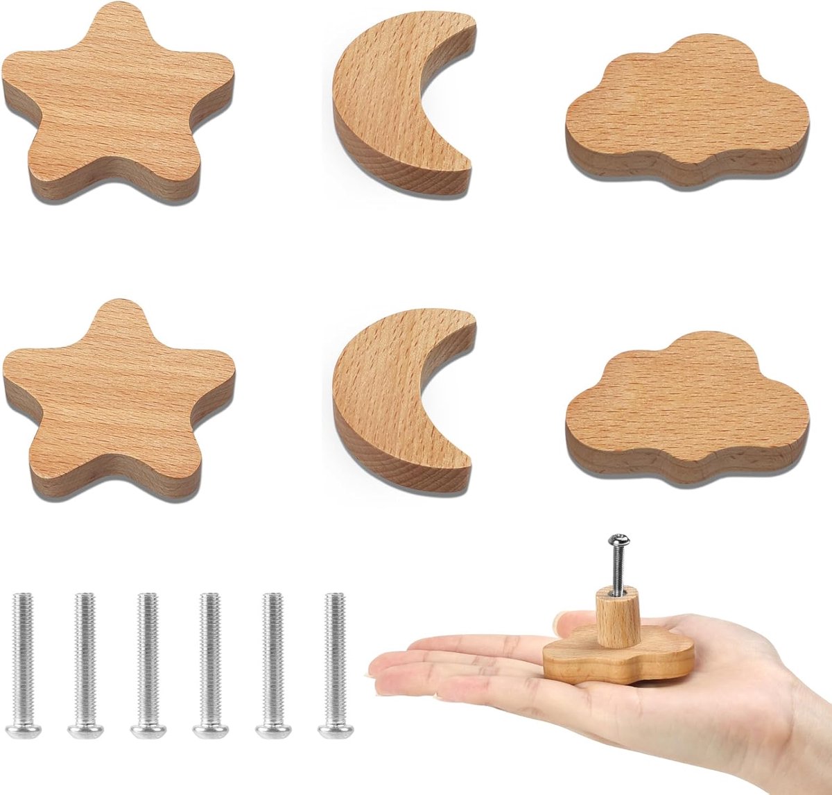 Houten deurgrepen set van 6 - Natuurlijke textuur - Sterren, maan en wolken - Perfect voor kasten en laden - SnelShoppen