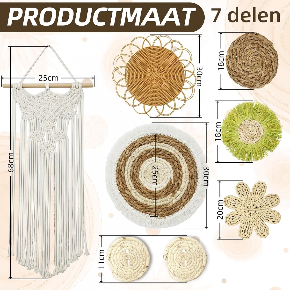 ANEELV Boho wanddecoratieset 7 + 1 handgemaakt macramé wandtapijt - ShopVlot