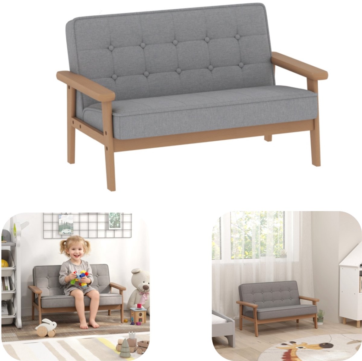 Fauteuil - bank - kinderleesstoel - zacht - fluwelen zitting - ondersteunend - gemakkelijk te monteren - houten frame - woonaccessoires - geschikt voor studeerkamer, kinderkamer, kinderen (grijs, 77*48cm)