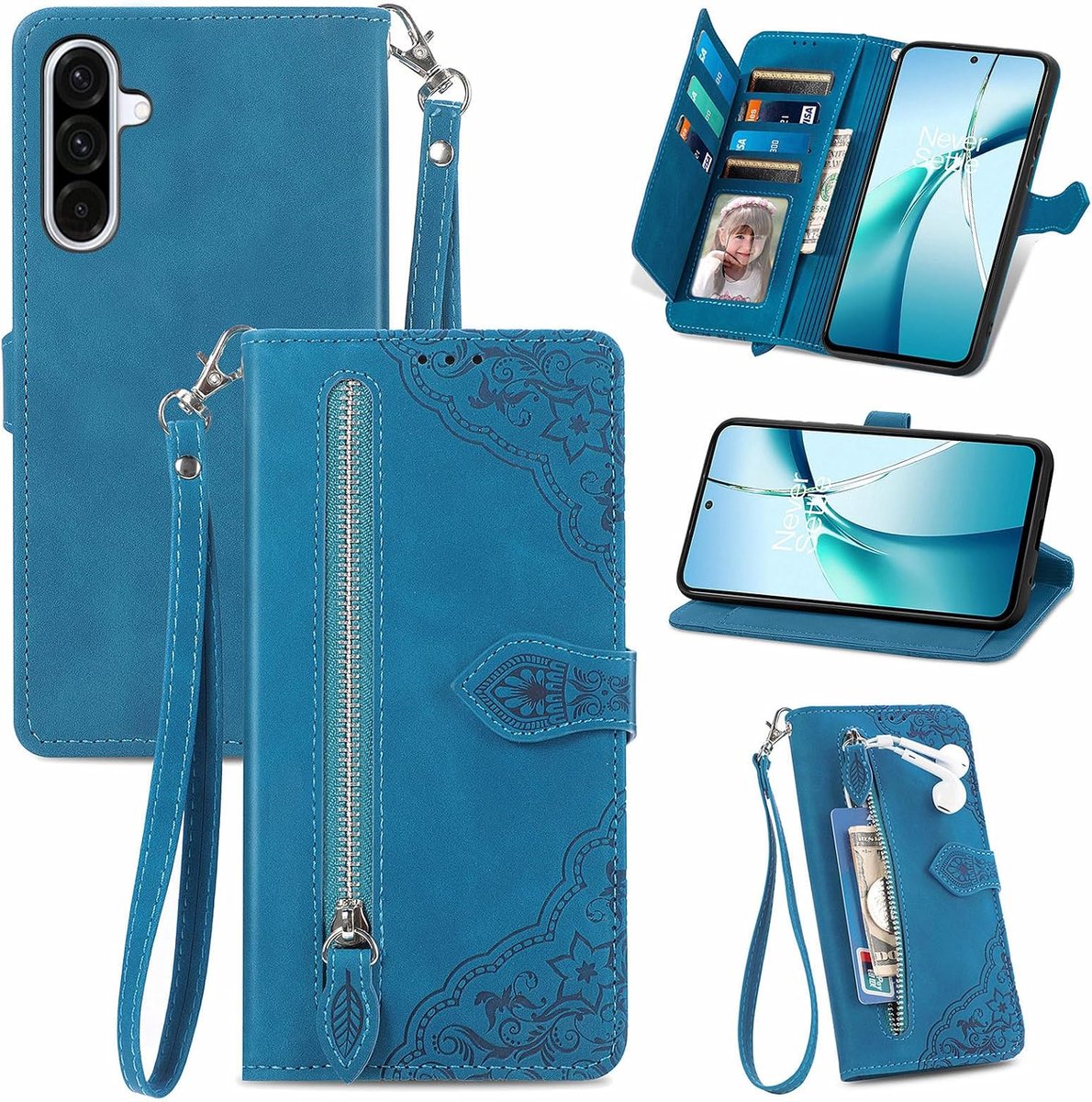 Hoes voor Samsung Galaxy A37 / A56 5G, PU-lederen telefoonhoes, inklapbare flip case tas met kaartenvak, magneet, standaard en polsband, bloemenpatroon, beschermhoes, stootvast, blauw