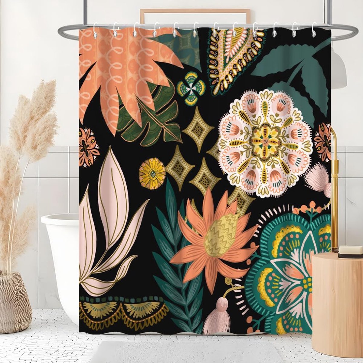 Douchegordijn, boho-stijl, bloemen, roze, groen, bladeren, anti-schimmel, waterdicht, polyester stof, wasbaar, ondoorzichtig, badgordijn met 12 haken voor badkamer, 180 x 200 cm (b x h)