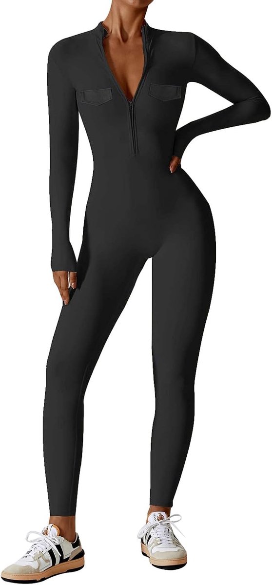 Jumpsuit dames Elegant Rits aan de voorkant Eendelig Sport Romper Lange mouwen Overall met zakken Yoga Casual Zwarte tas XS | Damesjumpsuit met lange mouwen en ritssluiting, zonder pads en zonder zakken, rekbare stof, voor fitness en yoga