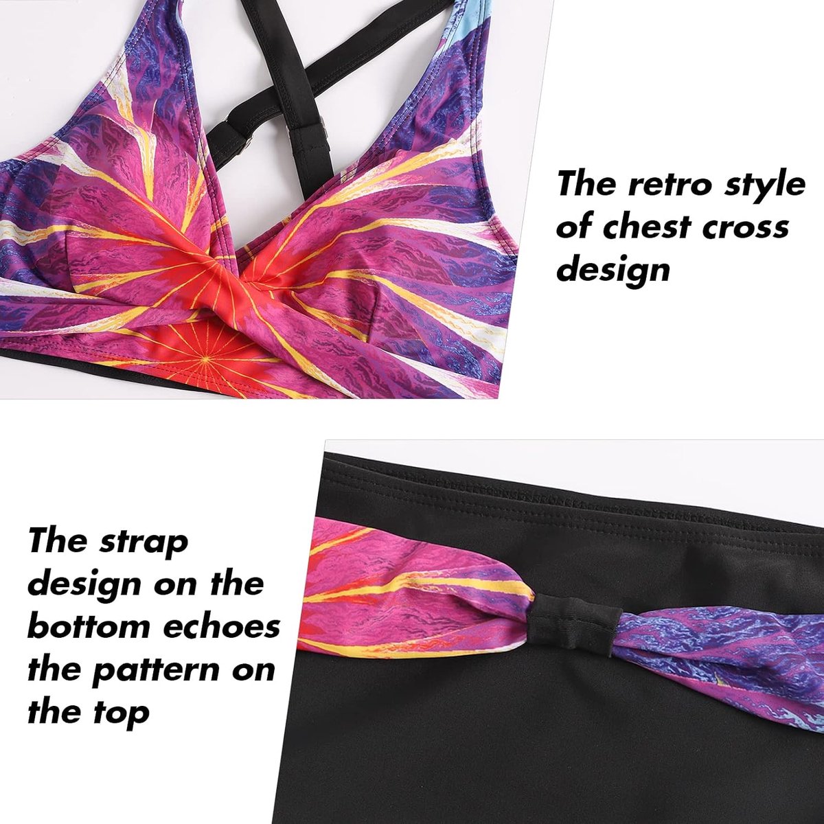 Tweedelige damesbadpakken, bikini met gekruiste top, hoog getailleerde bodem, badpakken voor buikversteviging, badmode met vintage motief