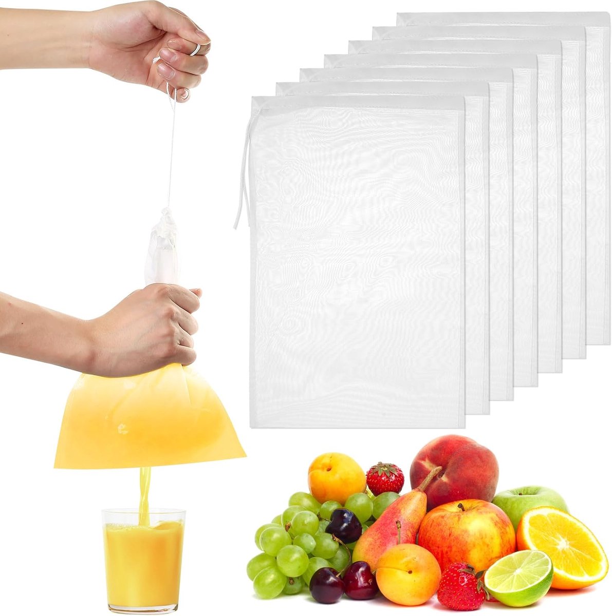8 x notenmelkzakken, 20 x 30 cm passeerdoek, herbruikbaar, fijnmazig wasbaar, nylon, fijne filterzak, 200 mazen, notenzakjes met trekkoord, voor yoghurt, notenmelk, vruchtensap, kaasdoek