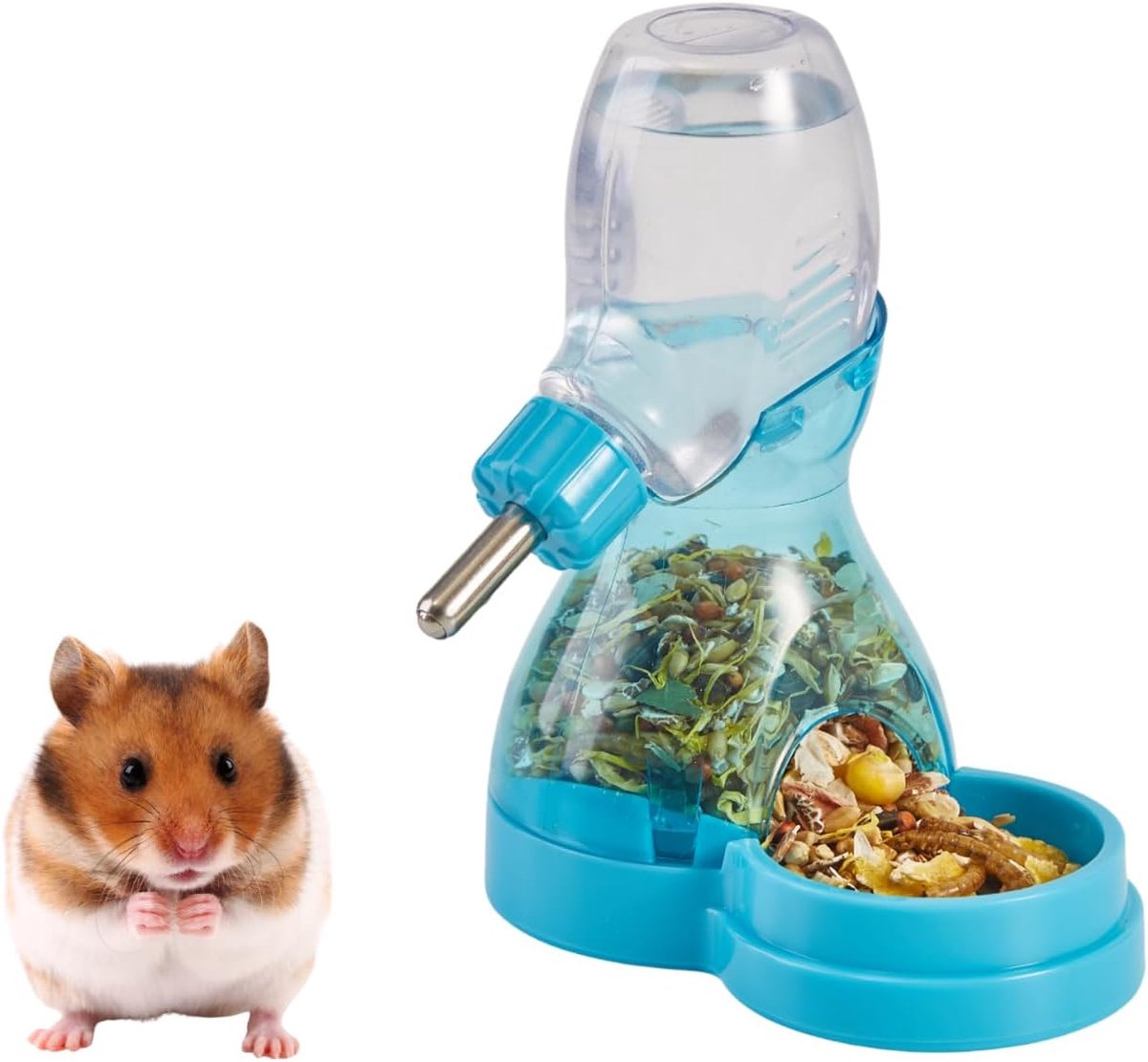 2-in-1 Hamster Waterfles Druppelvrij met Grote Capaciteit en Automatische Voederautomaat - Kleine Diervoeder voor Syrische Hamsters, Dwerghamsters, Muizen, Ratten, Degoes (Blauw)