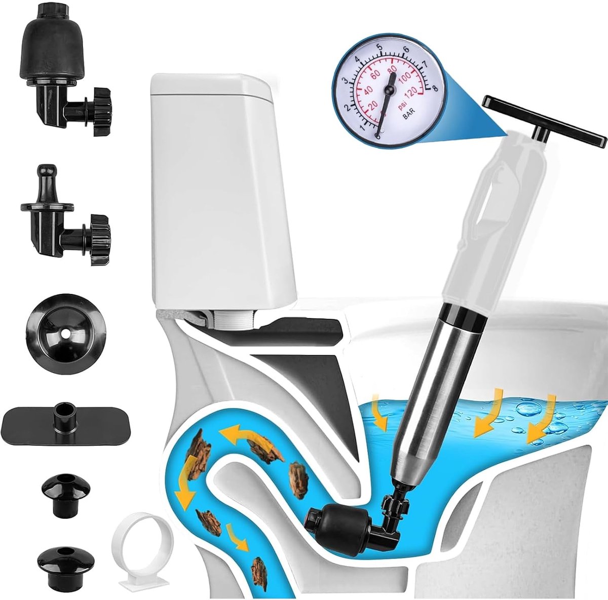 Perslucht, afvoerreiniger, pomp met luchtcompressie, 4 zuignappen, luchtdrukweergave, voor wastafel, toilet, badkamer, keuken, buisreiniger met veermechanisme (wit)