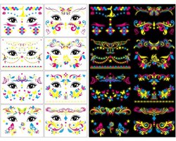 Tijdelijke tatoeages in neonstijl voor muziekfeesten, die in het donker oplichten, fluorescerende UV-waterdichte lichtgevende kleine stickers, Blacklight Reactive Light Face Flash Festival
