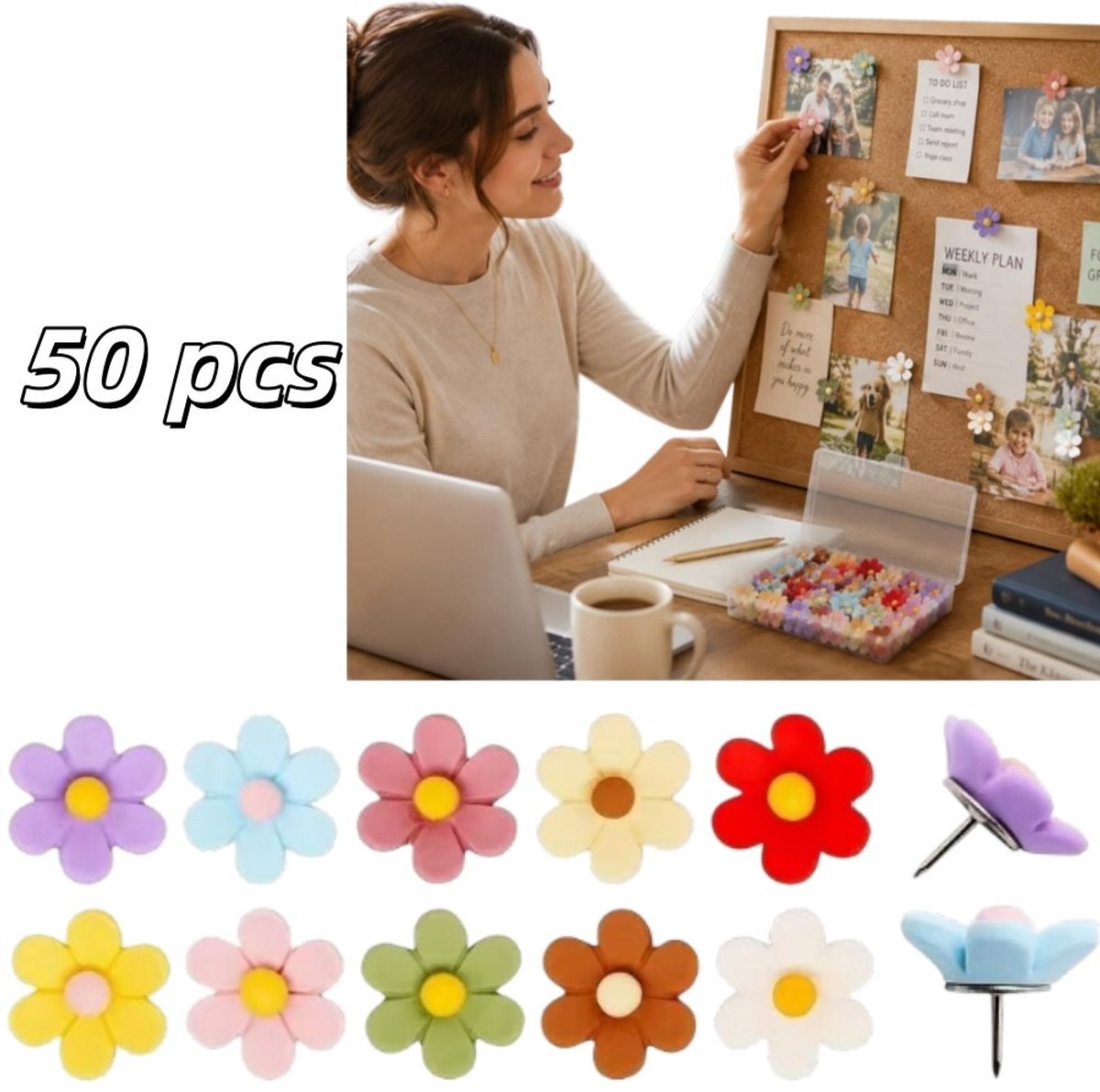 50 stuks - Bloemvormige punaises - Kleurrijk bloemmotief - T-vormige punaises - Prikbordpunaises - 2 x 2 cm, geschikt voor wand- en prikborddecoratie en het bevestigen van plakbriefjes - Kleurrijk