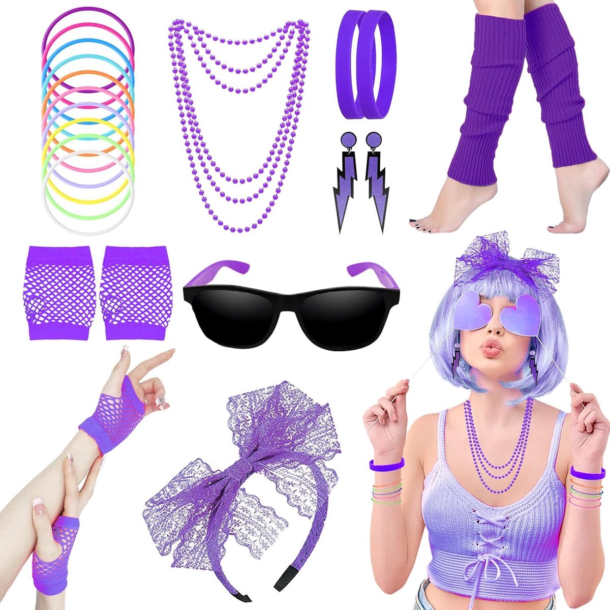 80 verkleedkostuums accessoires, jaren 80 fancy stijl jurken feestsets en kits voor vrouwen, neon beenwarmers kettingen armband visnet handschoenen kant strik hoofdband oorbellen zonnebril