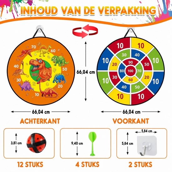 Dartbord voor Kinderen - Klittenband Dartbord 66 cm - Dubbelzijdig en Opvouwbaar Dartbord - Dartspel voor Kinderen met 12 Ballen en 4 Darts - Dartbordspeelgoed voor Binnen en Buiten — afbeelding 2