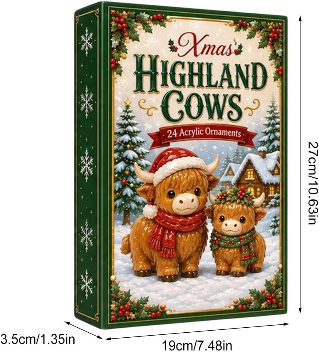 highland cow kerst adventskalender 2026 - 24 stuks - bruin wit zwart - acryl materiaal - 5cm - hoogland koe kerst hangornamenten - kerst aftelkalender - kerstboom decoratie - geschikt voor kerstfeest en cadeau — cadeau in Wonen & Interieur - foto 2
