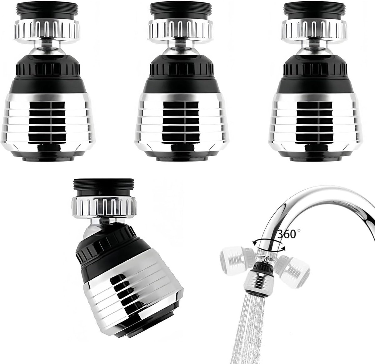 Set van 4 draaibare kraanopzetstukken, 360° straaladapters voor kraan, waterbesparing voor kraan met 2 modi - ShopVlot