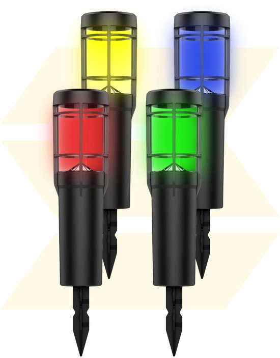 Vier zwarte tuinlampen op paaltjes met rode, gele, groene en blauwe lichten.