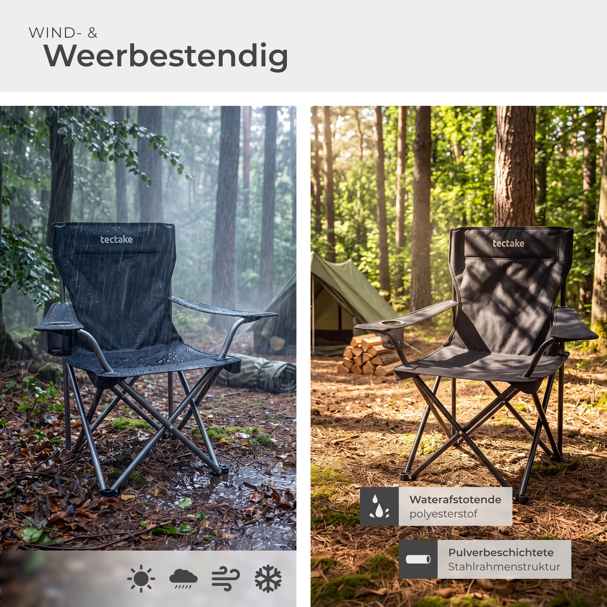 tectake® Set van 2 Campingstoelen - Klapstoel - Opvouwbare Visstoel met Armleuning en Bekerhouder - Inclusief Draagtas - Comfortabele Stoel voor Balkon, Tuin, Festival, Camping - Maximale belasting 100 kg - Afmeting (BxDxH) 80 x 48 x 84,5 cm - Zwart — cadeau in Sport & Outdoor - foto 7