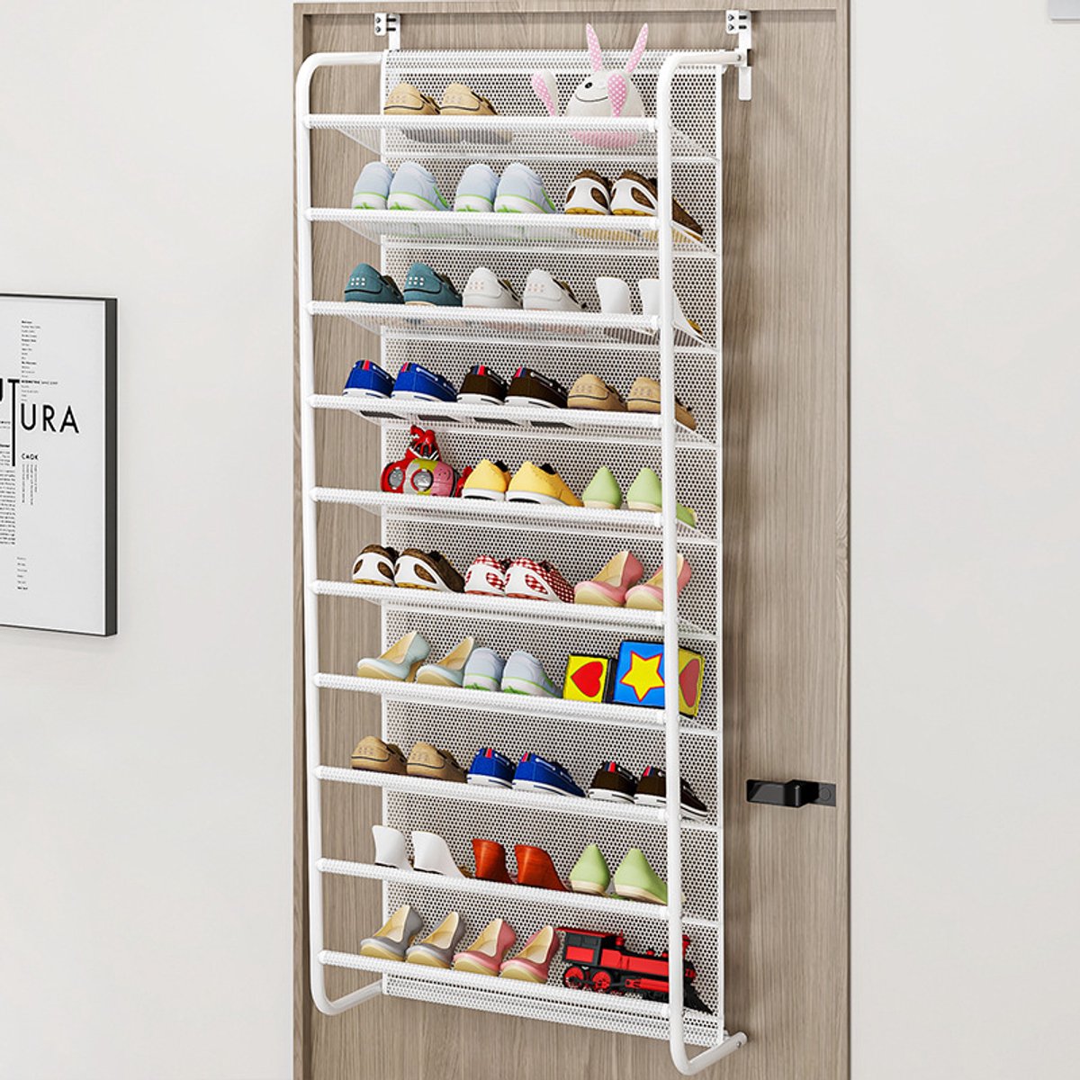 CHICFURN Schoenenrek voor achter de deur, ruimtebesparende schoenenopberger voor kleine ruimtes, studentenkamers, appartementen en kledingkasten, met ademende meshvakken en verstelbare ijzeren vergrendelingen, wit