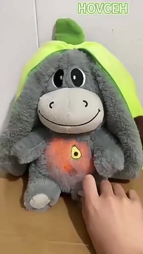 Sogiol® Ademende Knuffel Ezel - Slaapknuffel met Ritmische Ademhaling, Muziek & Licht - Slaaphulp Baby & Kind - Rustgevende Knuffel - Aardbei & Avocado Design - White Noise & Hartslag - Roze