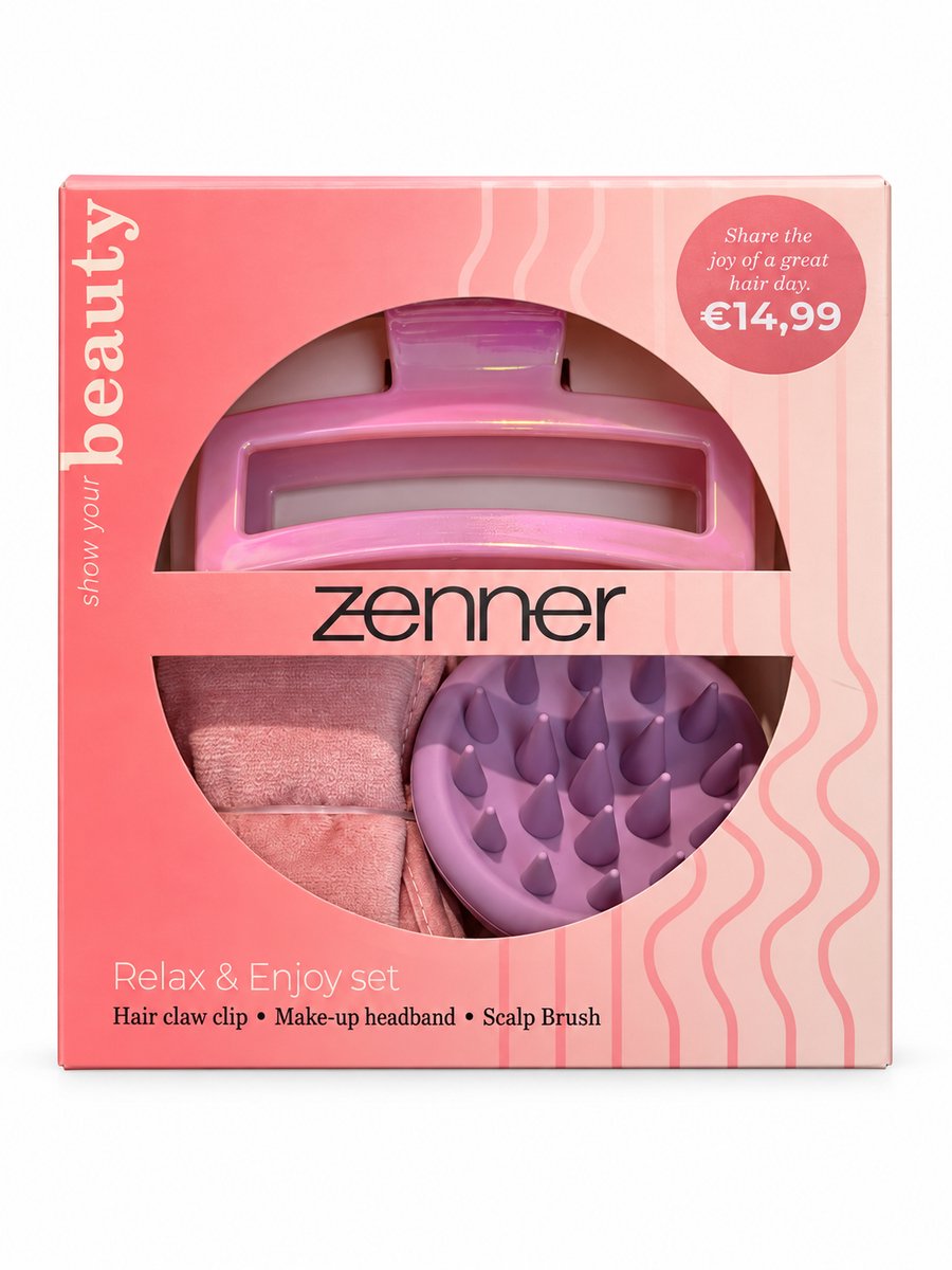Zenner Relax & Enjoy Haaraccessoire Set - Haarclip, Make-up Hoofdband & Hoofdhuidmassageborstel - Roze