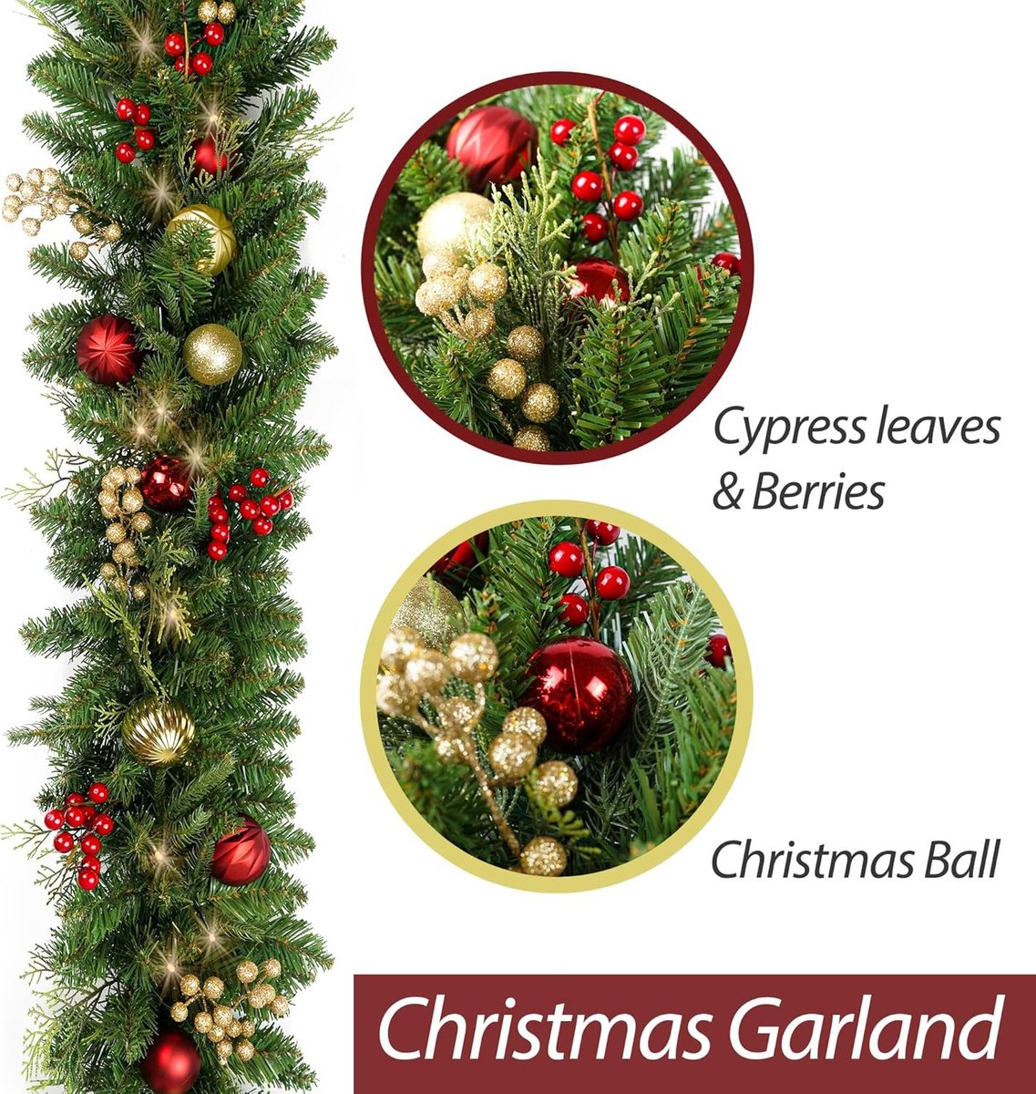 Kerst Guirlande met Verlichting (1.8m) - Kunst Dennen Guirlande met Kerstballen & Bessen - LED op Batterij - Voor Schouw & Trap – foto 6
