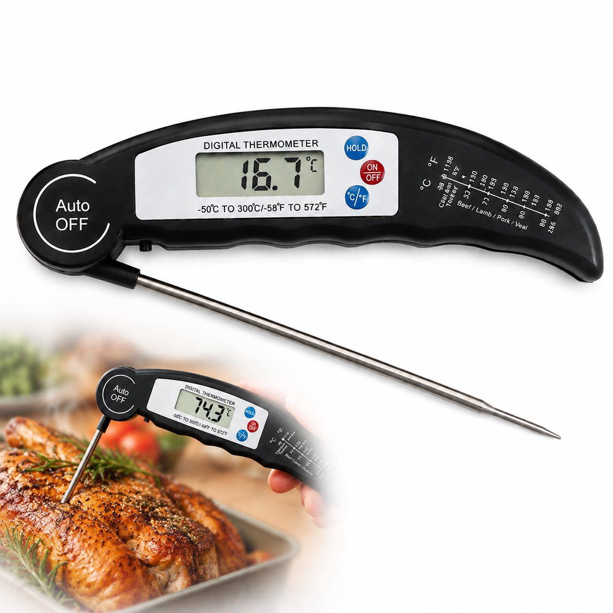 Digitale Vleesthermometer - Kernthermometer voor BBQ, Oven en Keuken - Snelle Temperatuurmeting - 180° Opvouwbare Sonde - Keukenthermometer tot 300°C - Automatisch Aan bij Openen - Compact Ontwerp