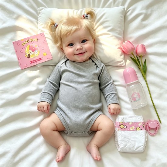 Levenschte reborn babypop in grijze romper, met blonde staartjes, liggend op een bed met kussens, roze tulpen, flesje, luier en speentje.