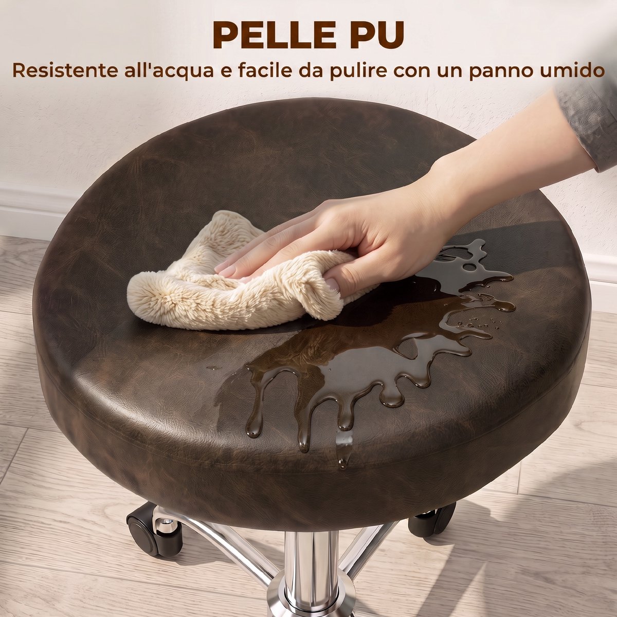 Salonkruk - in hoogte verstelbaar 52-67,5 cm, 360° draaibaar, op wielen, PU-kunstleer, tot 120 kg, bruin, voor beautyruimte en spa