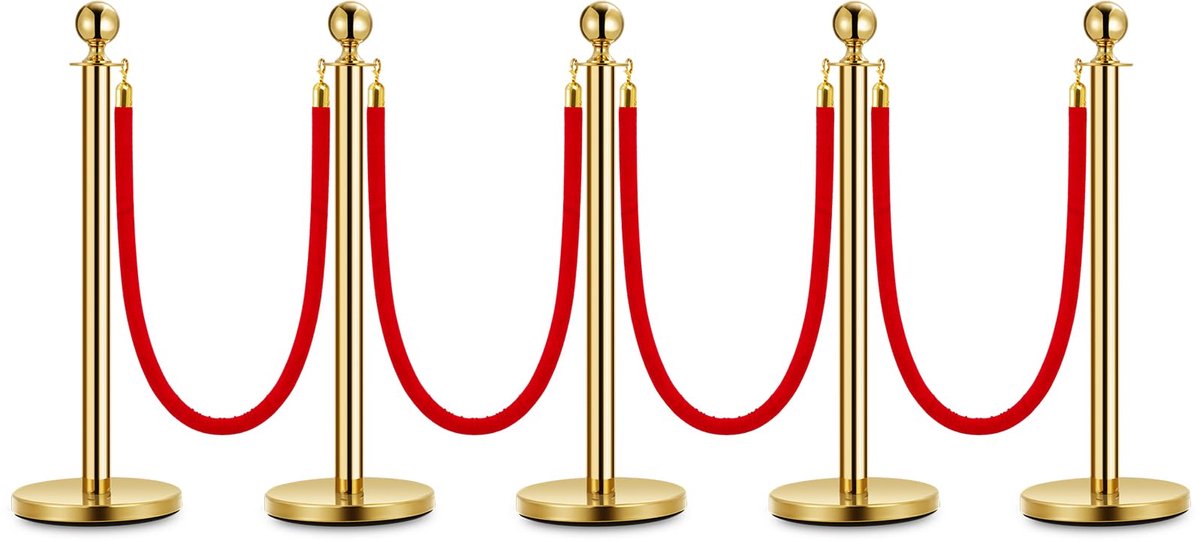 Triumpunpre - Gouden Afzetpalen Set Met Fluwelen Rood Touw - RVS Wachtrijpaal Voor Evenementen, Bruiloften, Hotel En Rode Loper - 5-Pack | 4 Fluwelen Koorden
