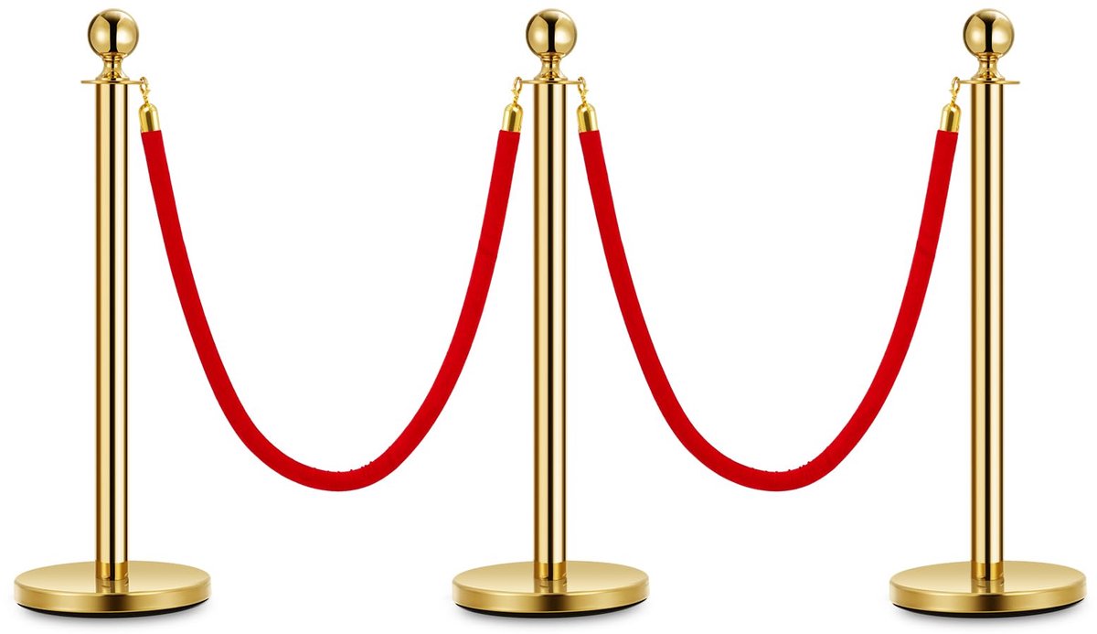 Triumpunpre - Gouden Afzetpalen Set Met Fluwelen Rood Touw - RVS Wachtrijpaal Voor Evenementen, Bruiloften, Hotel En Rode Loper - 3-Pack | 2 Fluwelen Koorden