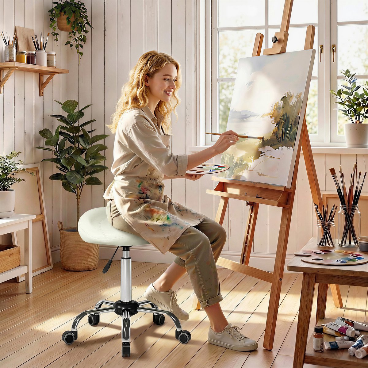 Salonkruk - in hoogte verstelbaar 55-71 cm, 360° draaibaar, op wielen, PU-kunstleer, tot 120 kg, voor salon en beautyruimte