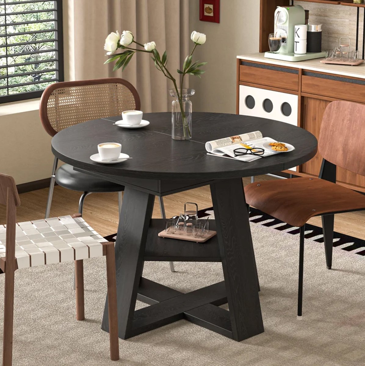 STILVORA Uitschuifbare Eettafel - Ronde Tafel Met Opbergruimte En Onderplank - Voor 4 Tot 6 Personen - MDF - 150 x 110 x 75 Cm - Zwart