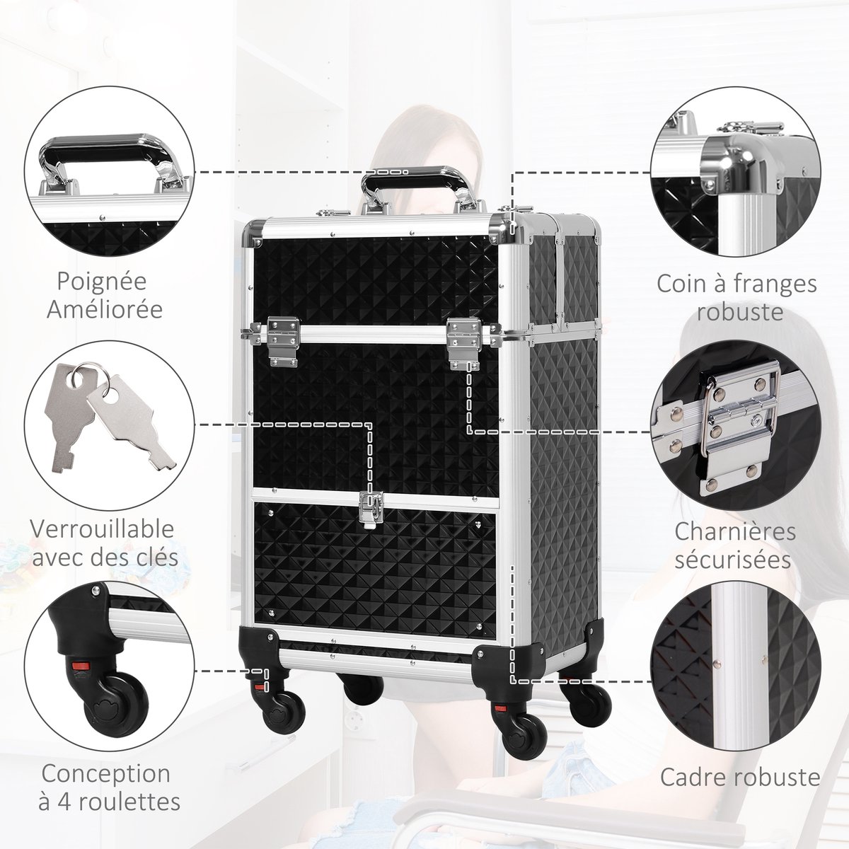 Make-up koffer - met wielen, professionele trolley, voor visagisten, zwart