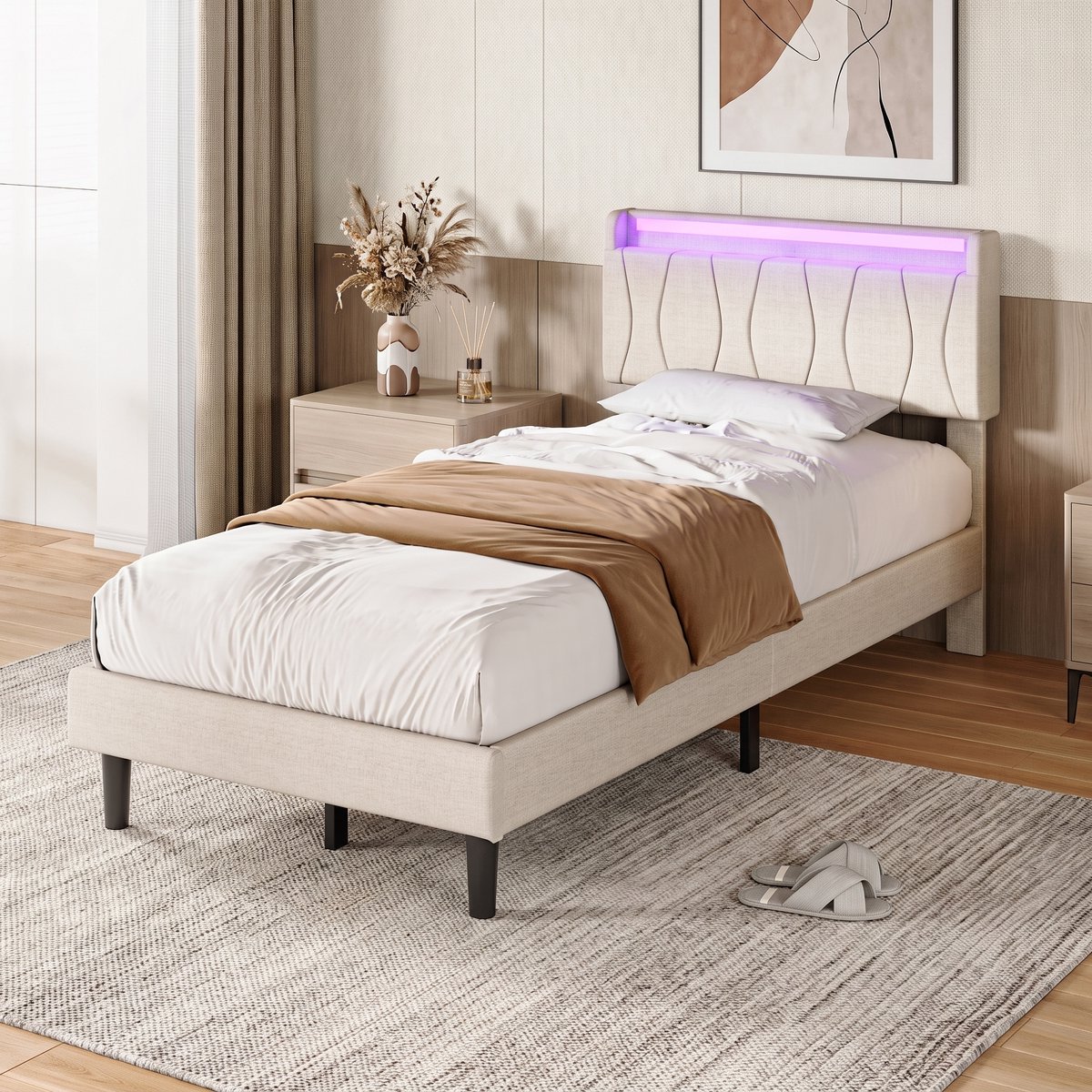 Eenpersoonsbed 90×200 cm, met opbergruimte in het hoofdeinde, gestoffeerd bed met led-lichtstrip en usb-oplaadpoort, bedframe met lattenbodem, linnen Beige