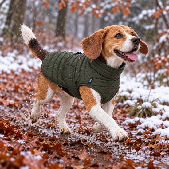 Een beagle hond rent door een herfstbos met sneeuw. De hond draagt een olijfgroene, gewatteerde jas.