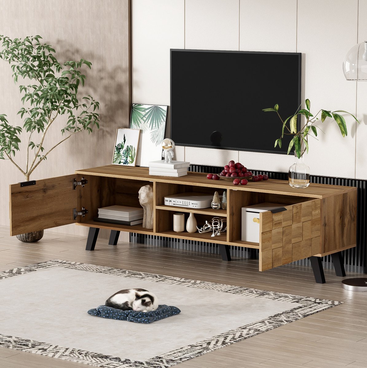 WUVRIE TV-meubel 160,5 cm - 2 deuren en 2 open vakken - Houtkleur