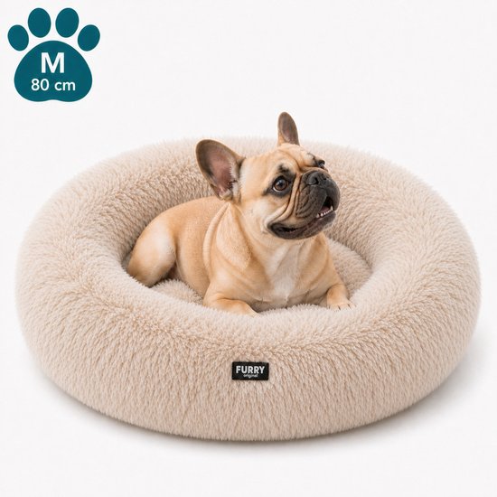 Zachte beige hondenmand in donutvorm met een Franse bulldog. Afmeting M 80 cm.