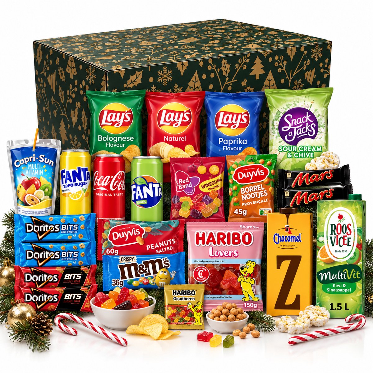Kerstpakket Deluxe - Geschenkpakket - Vol Snacks & Drinken - Kerstpakket Eten - Kerstpakketten - 24 producten - Kerstpakket Food