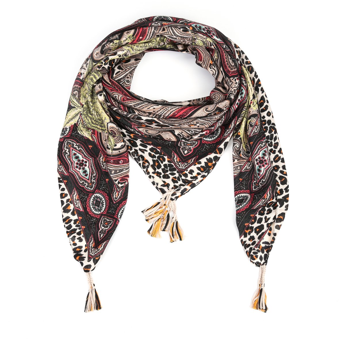 Grote omslagdoek met dieren print in rood, zwart, beige - 130 x 130 cm.
