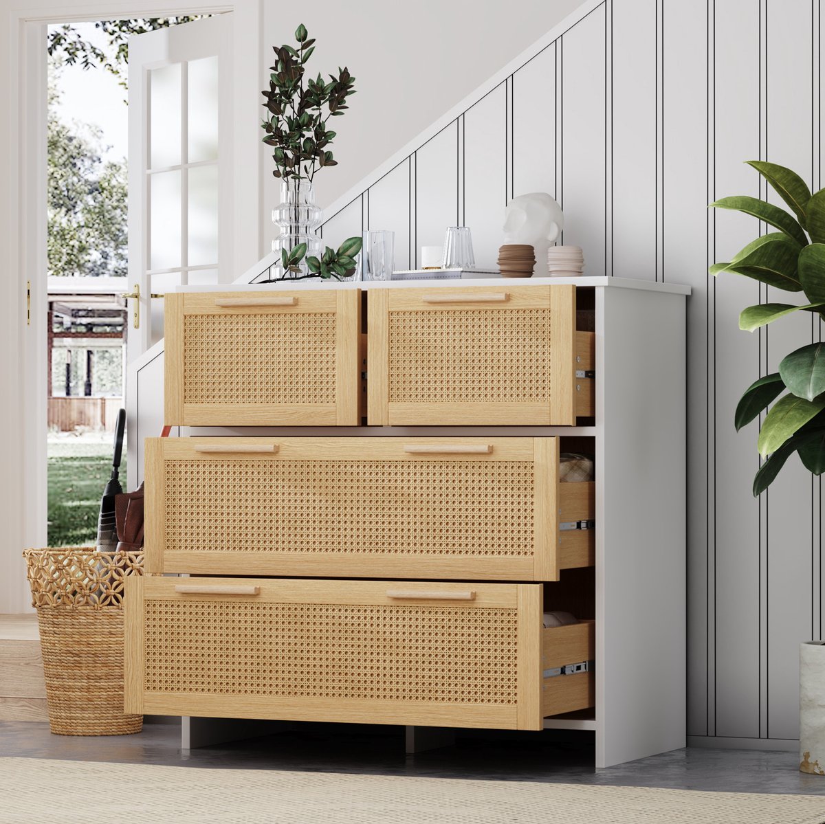 WUVRIE Ladekast 80x80x38 cm - 4 lades met rattanfronten - Naturel/wit Naturel en wit