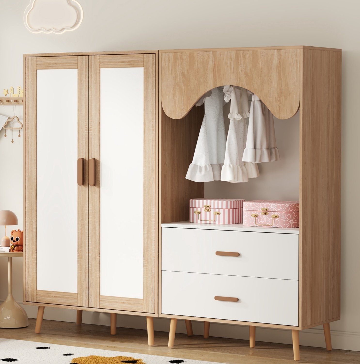 REDOM Kinderkledingkastset 160x46x141,5 cm - Tweedelig met kledingstang, planken en 2 lades - Wit/naturel Naturel en wit