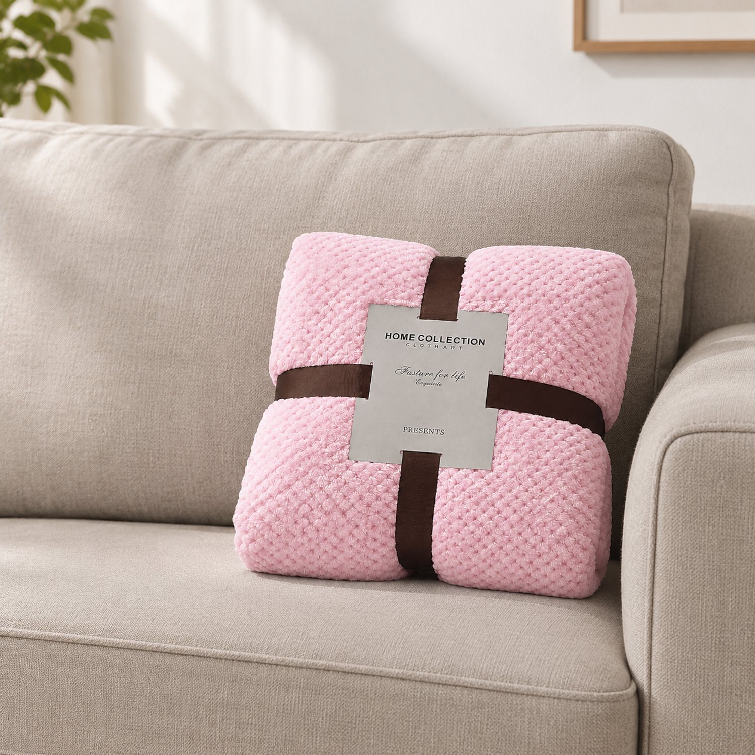 SWGOTA Roze flanellen deken 100 x 150 cm met wafelstructuur, polyester plaid in lint- en kaartverpakking