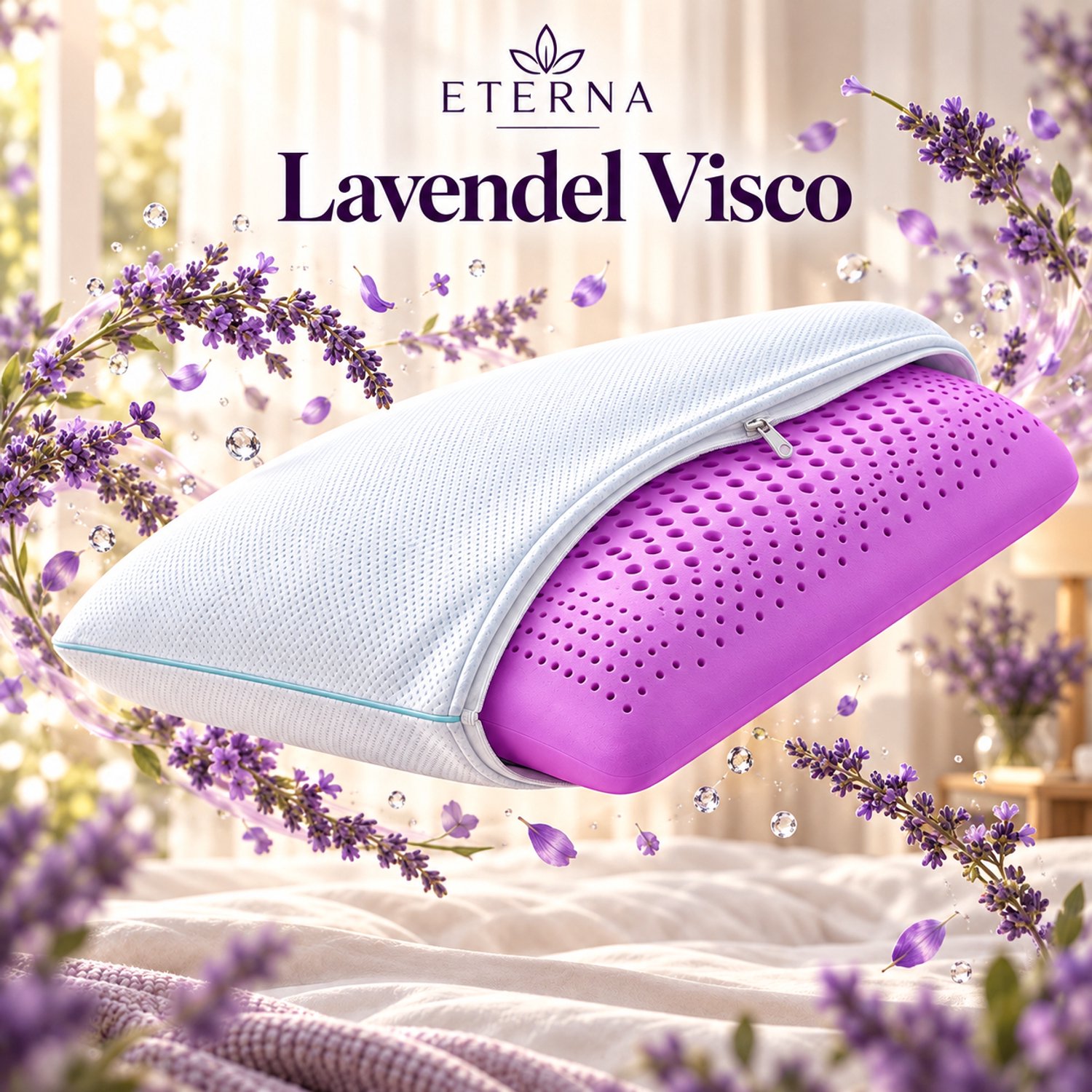 FABRIC BOX Eterna - Lavender Hoofdkussen 60x40x14 cm - Visco Traagschuim - Lavendelgeur - Ventilerend & Afneembare Hoes