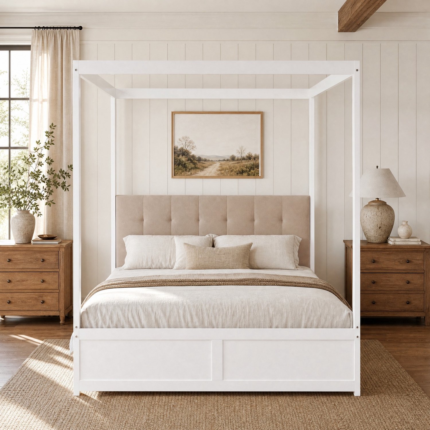 Maisentiel Wit hemelbed 140 x 200 cm met gestoffeerd hoofdbord en 2 opberglades