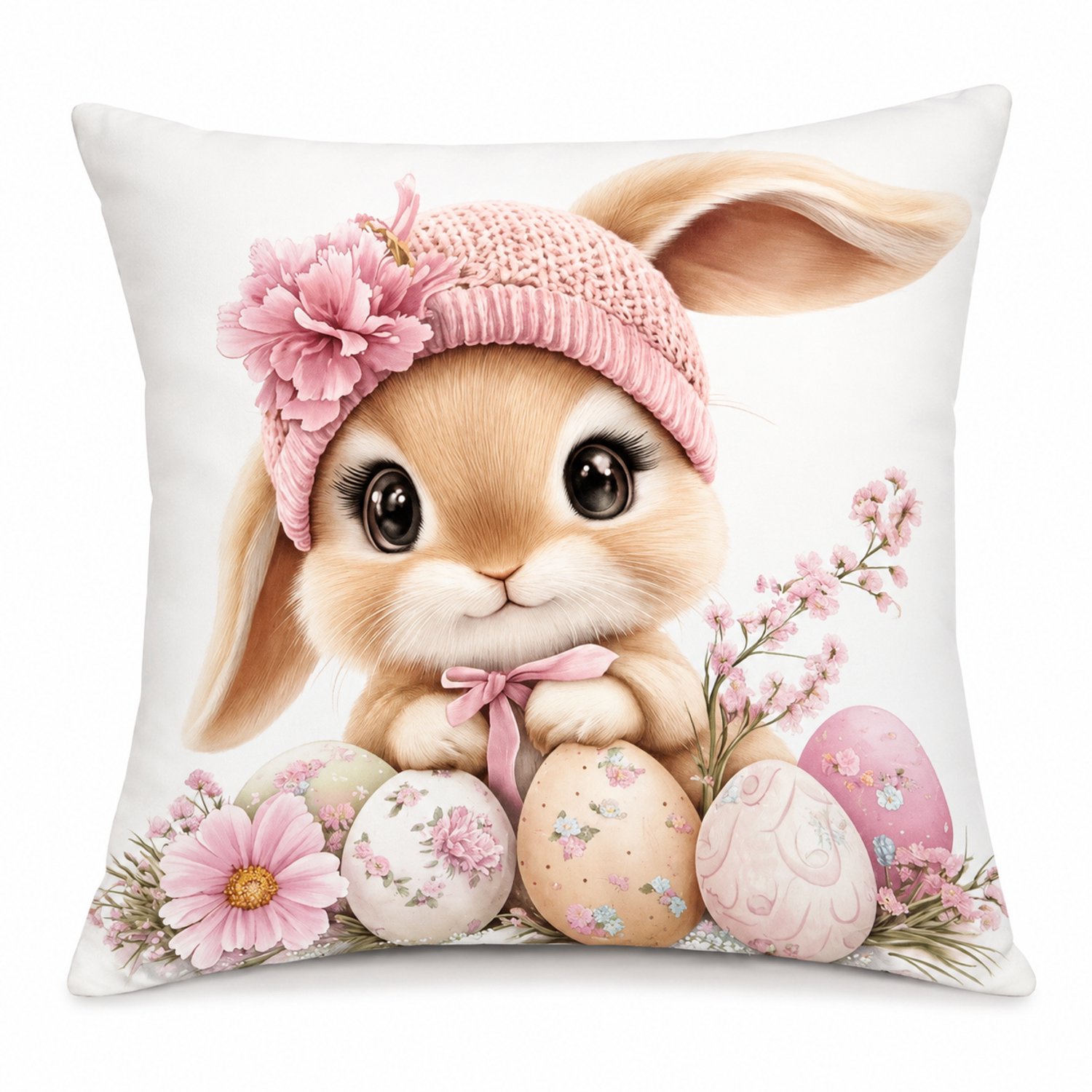 SWGOTA Paashaas sierkussenhoes 45 x 45 cm van pluche met bloemen en paaseieren, zonder binnenkussen Meerkleurig