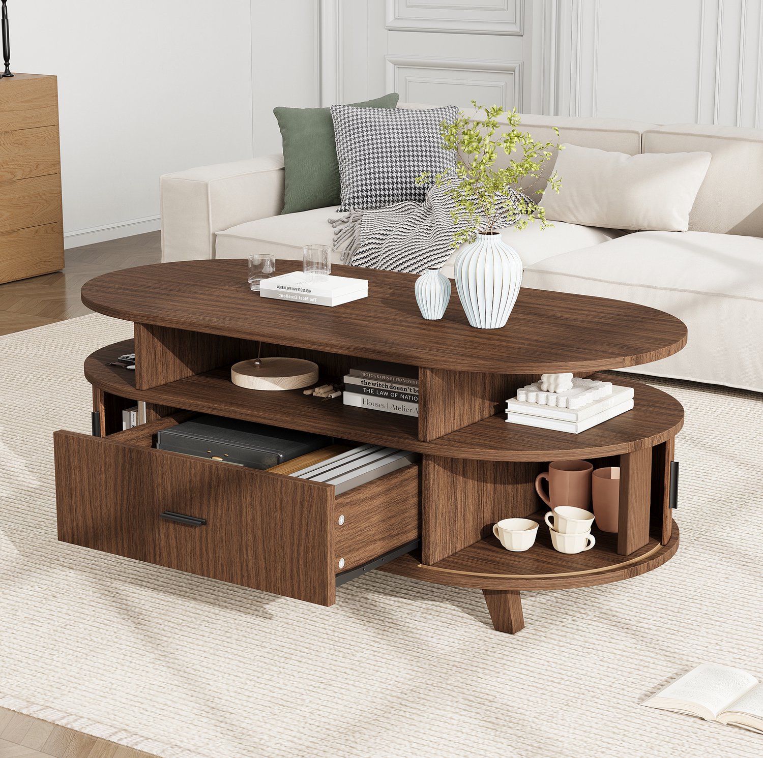 MODENUIT Salontafel - Ovaal Met Lade En Twee Rolluikdeuren - Voor Woonkamer - MDF En Spaanplaat - 100x50x40 Cm Walnootkleur
