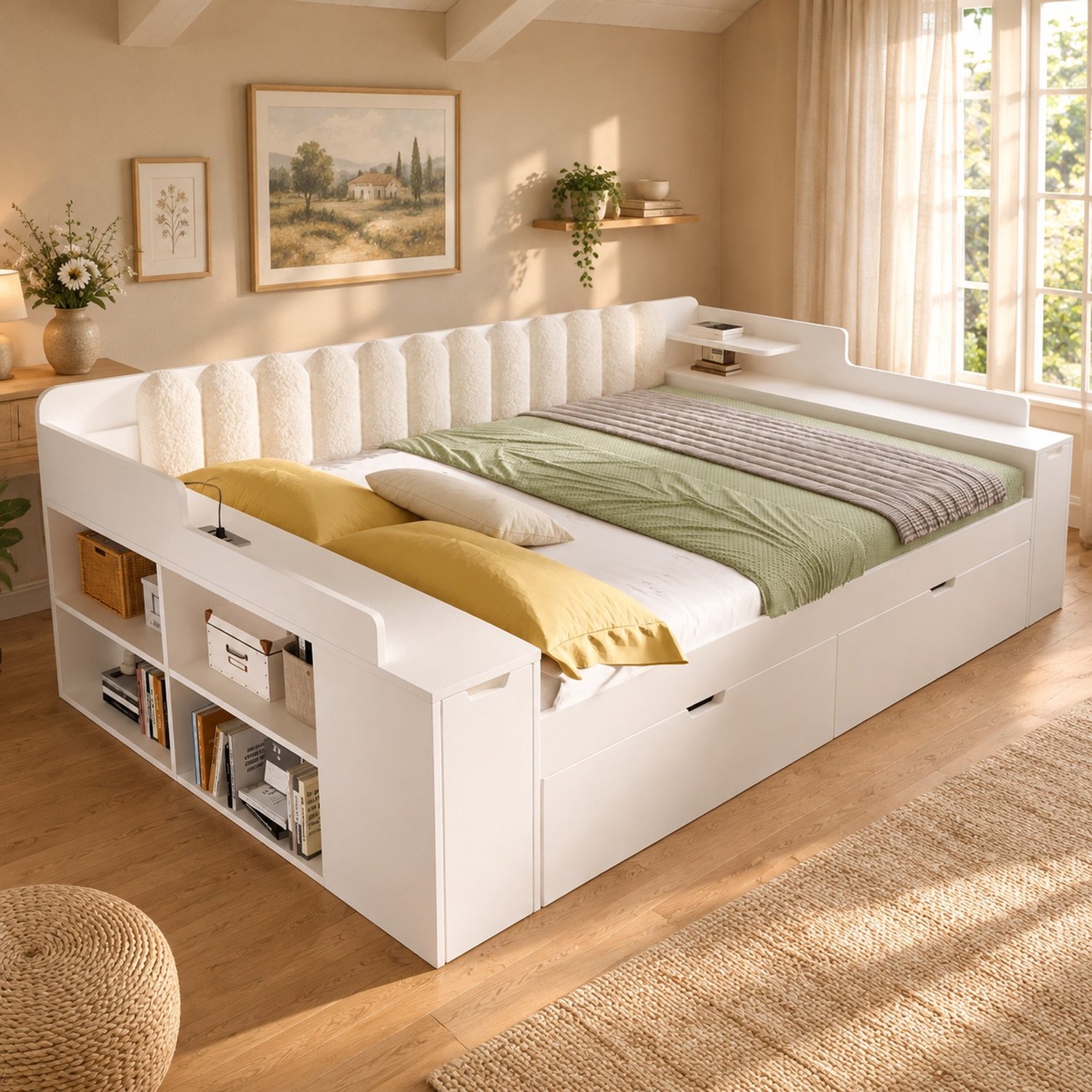 MODFU Bedbank - 2 Lades - Opbergvakken - USB-Laadstation - Wit - 140 x 200 cm