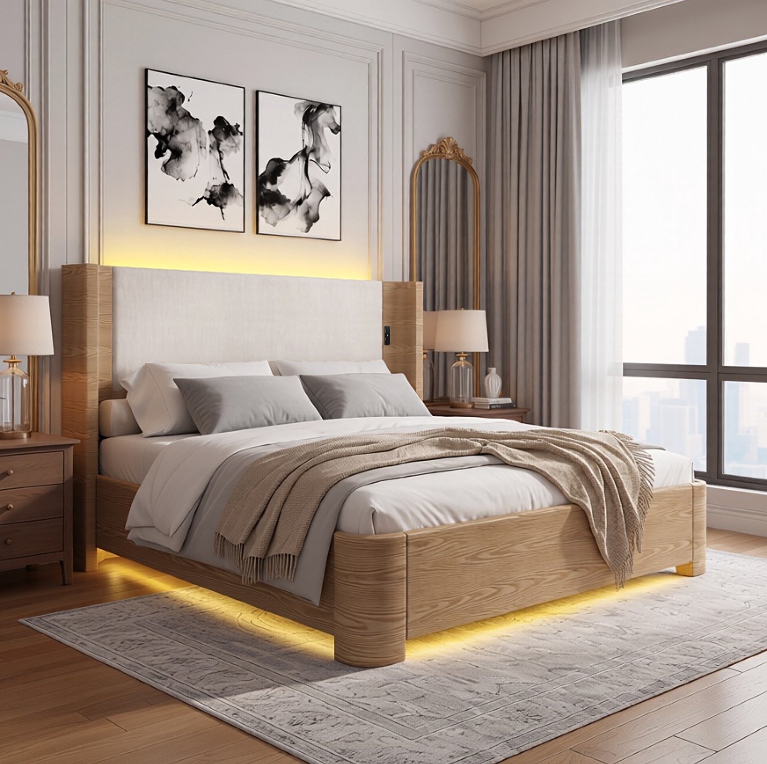 Wishdor Tweepersoonsbed 180x200 cm - Gaslift met opbergruimte en 750 N hefkracht - LED-verlichting met zeven kleuren en afstandsbediening - Bekleding met leer en ribfluweel - Beige Lichtbruin