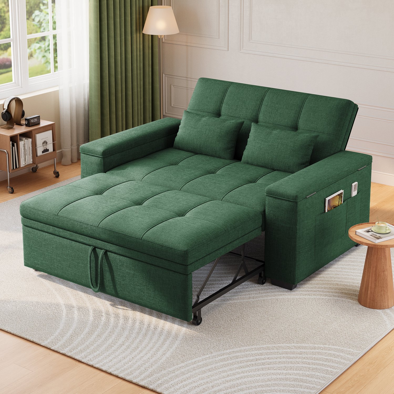 Bealife AR27 2-zits Slaapbank – 3-In-1 Bank met Slaapfunctie met 5-standige verstelbare rugleuning – Voor woonkamer, slaapkamer of logeerkamer – Groen Groen-AR27