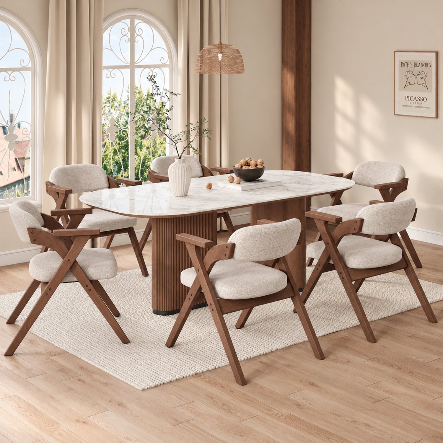 Clruro Eetkamerstoelen - 6 Stuks - Inklapbaar met Armleuningen - Hout/Linnen - Walnoot en Beige